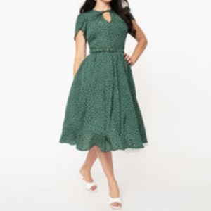 Unique Vintage Green & White Polka Dot Dahlia Midi Dress - L/10-12
